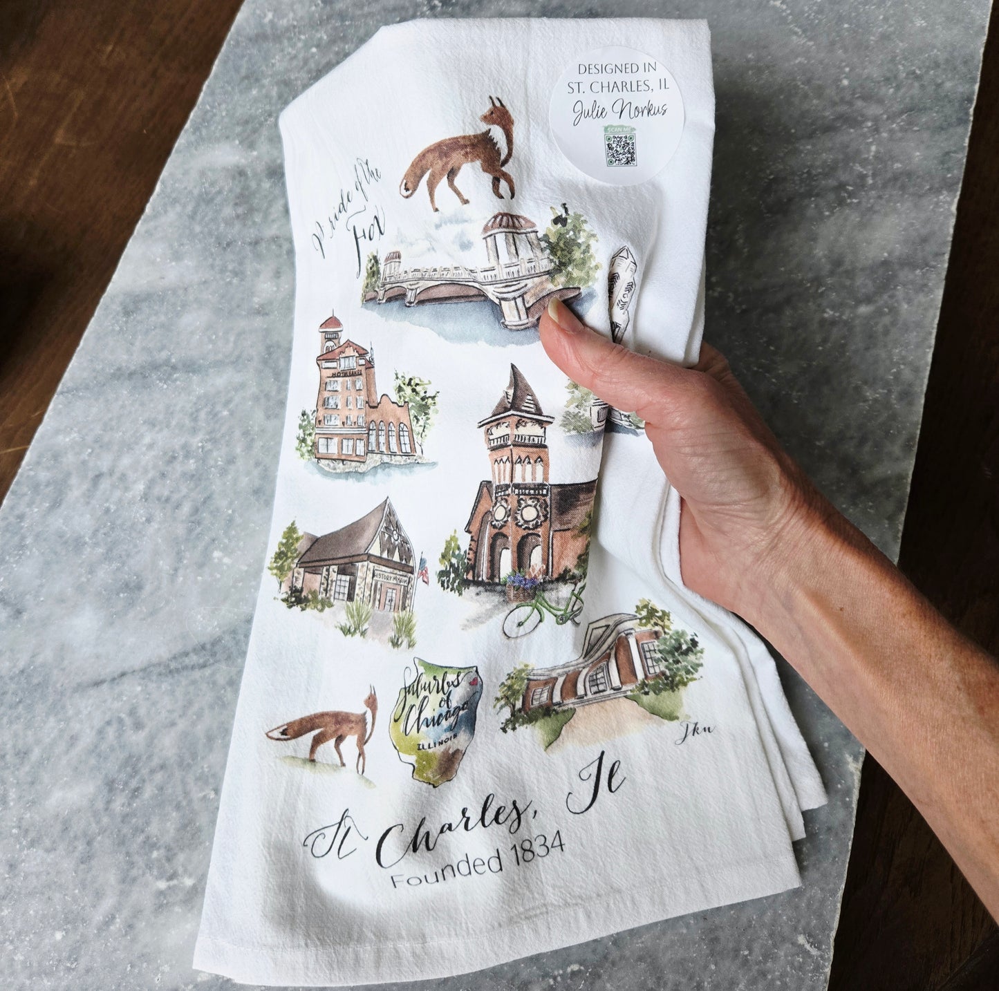 St Charles Tea Towel with Hometown Art