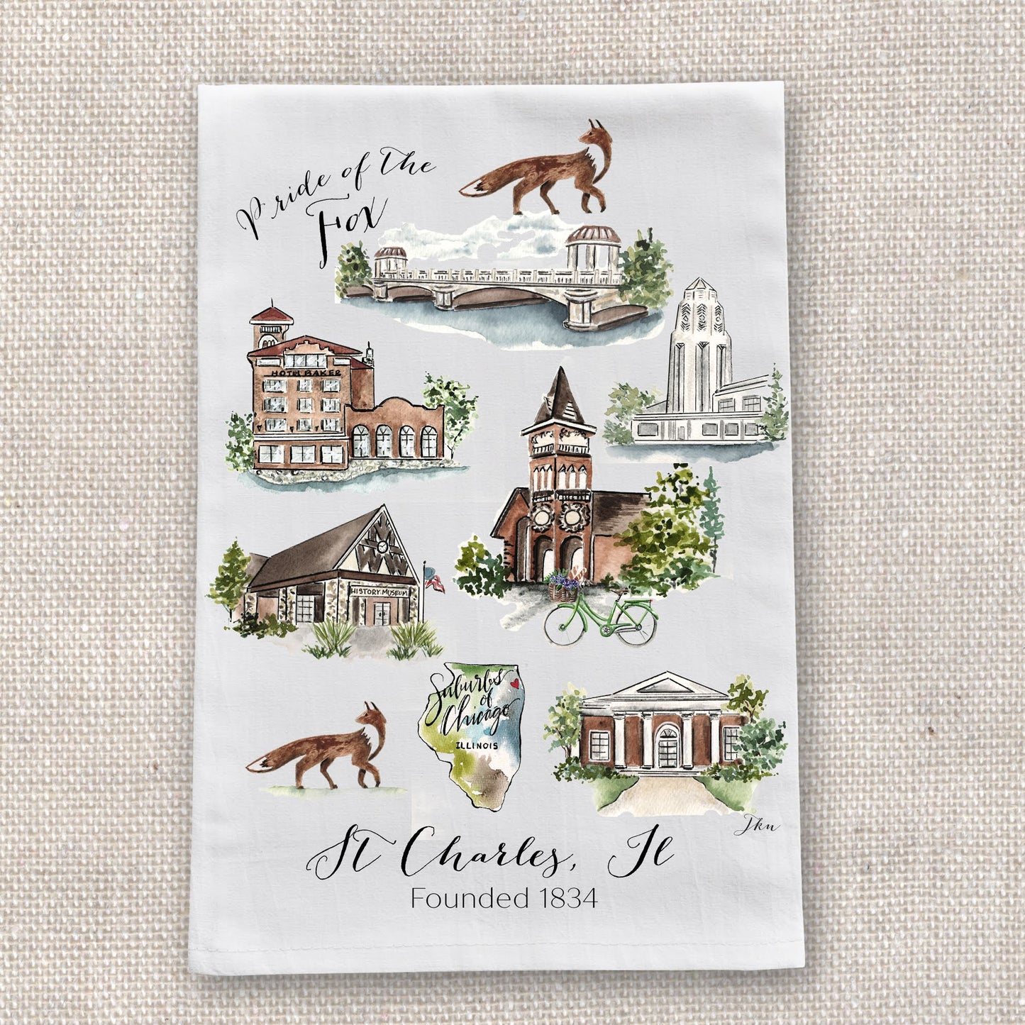 A rectangular white art print or card featuring illustrated landmarks and animals of St. Charles, Illinois, with the text 'Pride of the Fox' and 'St.
