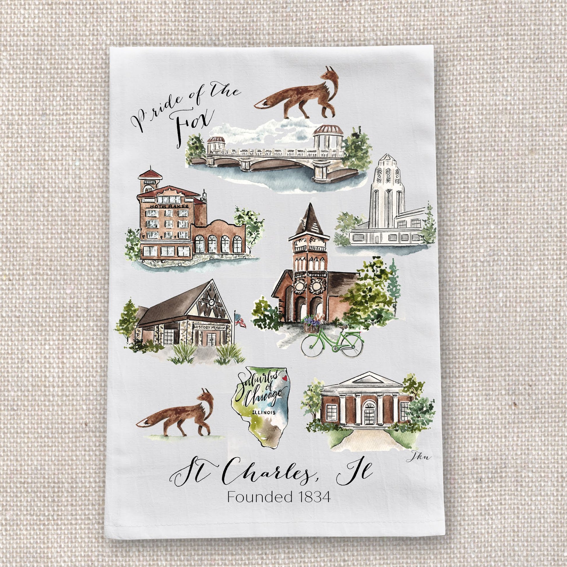 A rectangular white art print or card featuring illustrated landmarks and animals of St. Charles, Illinois, with the text 'Pride of the Fox' and 'St.