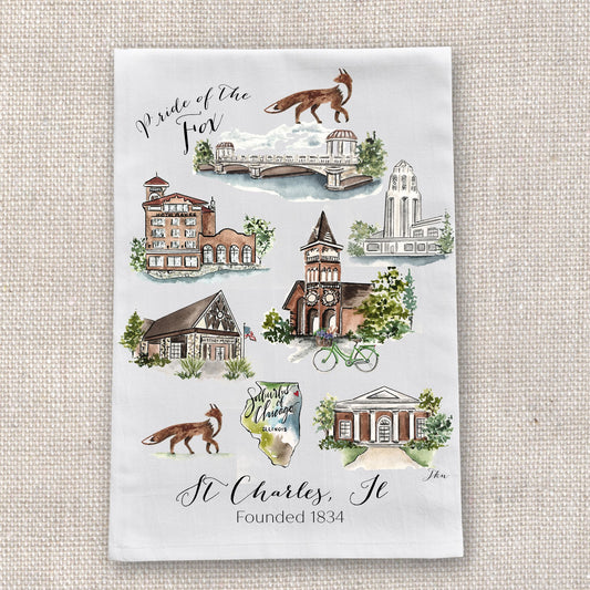 A rectangular white art print or card featuring illustrated landmarks and animals of St. Charles, Illinois, with the text 'Pride of the Fox' and 'St.