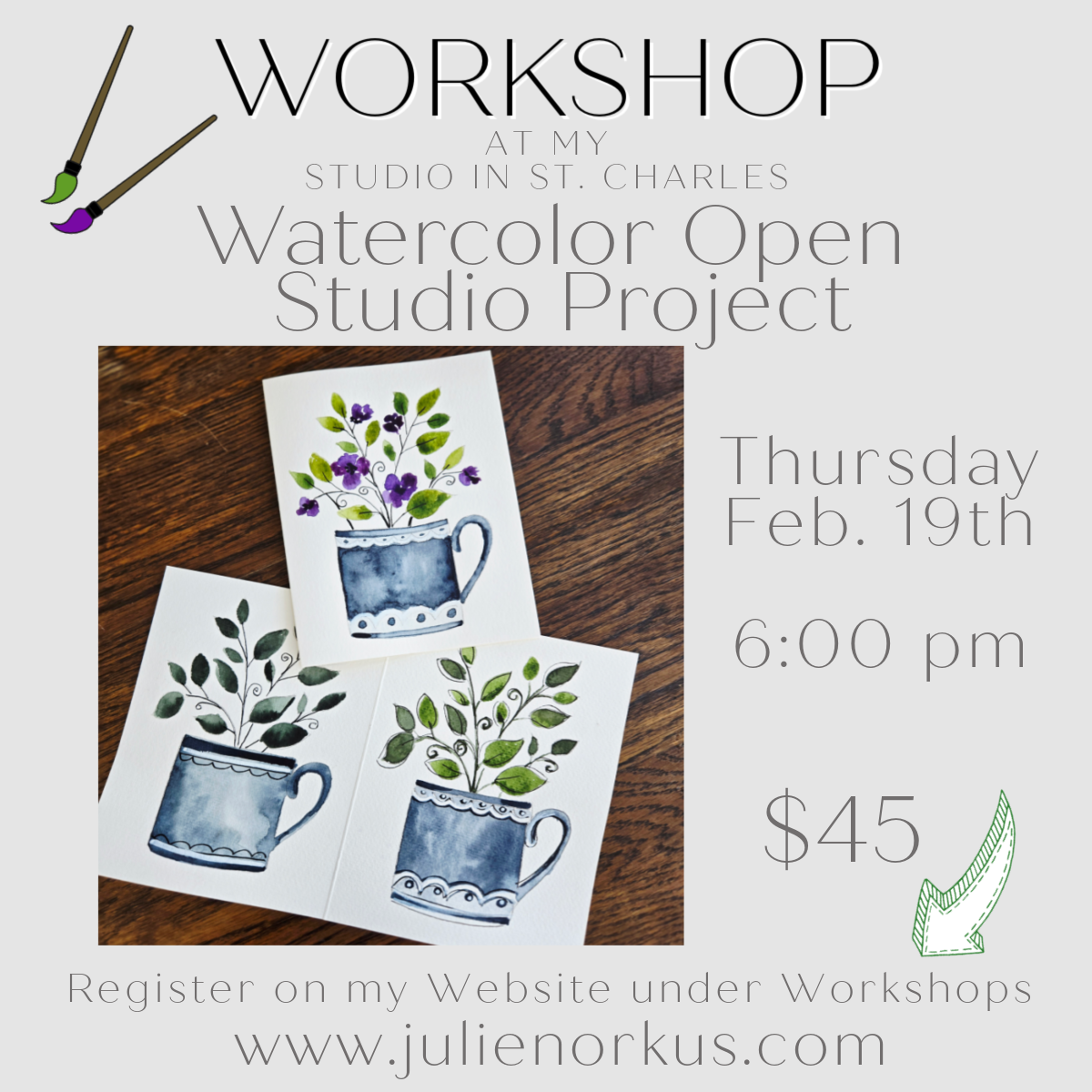 PRIVATE Watercolor Open Studio Workshop Feb 19th