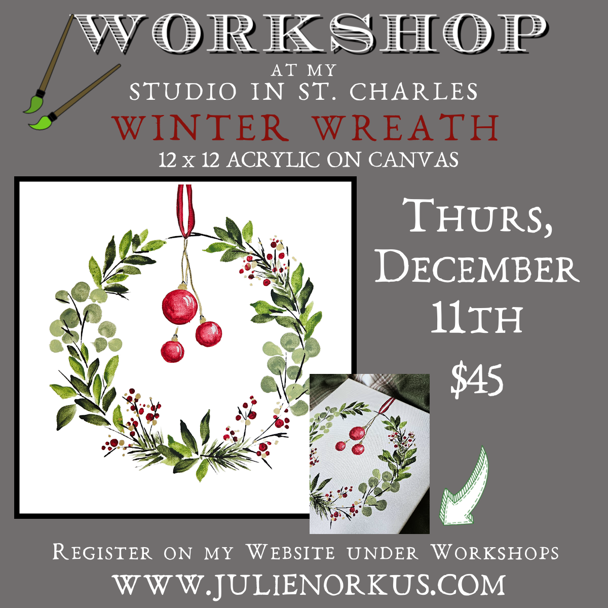 Winter Wreath 12 x 12 Acrylic on Canvas #3 Dec 11th